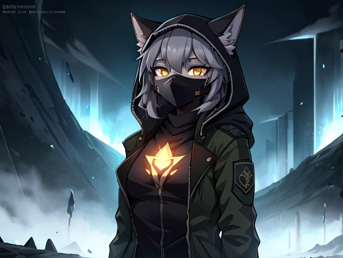 женщина anthro furry wolf ,absurdity,  High definition,  ultra-detailed, 1 girl,oversized jacket with hood,whole body,  original character,girl, grey hair, yellow eyes ,shoulder length hair,  complex black mask, military general, { better quality }}, {{ masterpiece fails}}, {{ ultra-detailed}}, {illustration}, {Detailed light}, Nuclear fusion