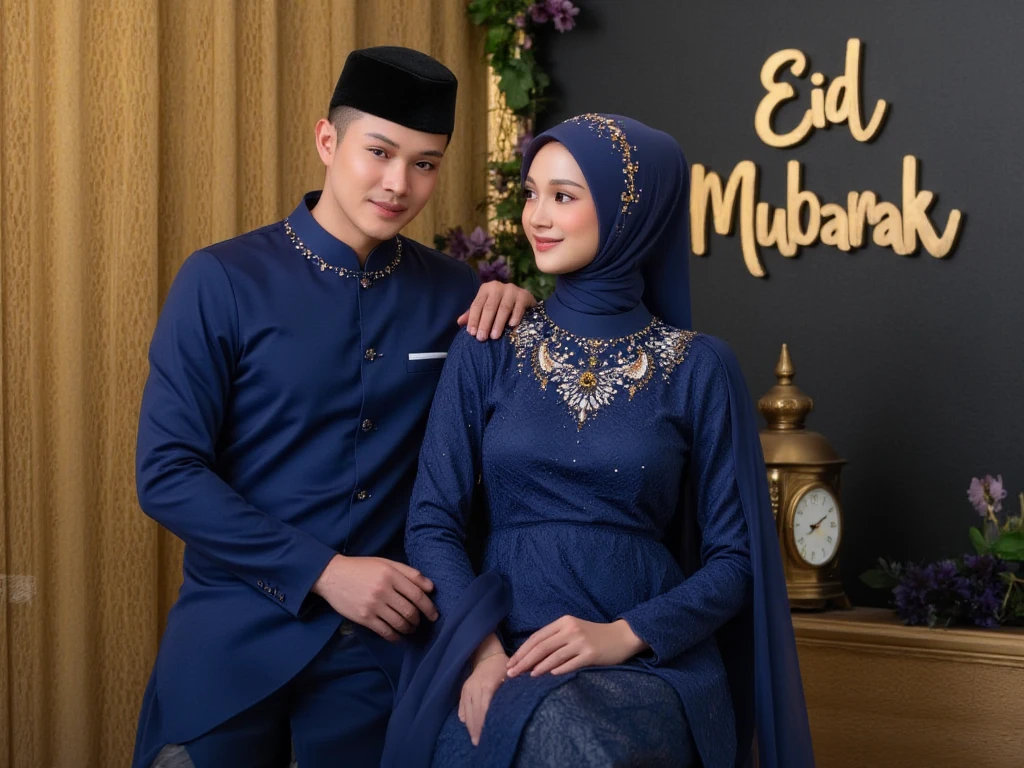 A hyper realistic Malay smiling muslim man, wearing royal navy blue traditional malay, and a woman wearing hijab, royal navy blue silk muslim robe with golden artistic motifs in the middle and on her arms,sitting on a chair. On the golden and black wall with 3d text 'Eid Mubarak', written correctly, Decorated with diamonds, A beautiful mosque and Arabian lamp,Islamic style,flower, sparkling​,glitter, full body, Very high quality images Ultra-detailed photorealistic images