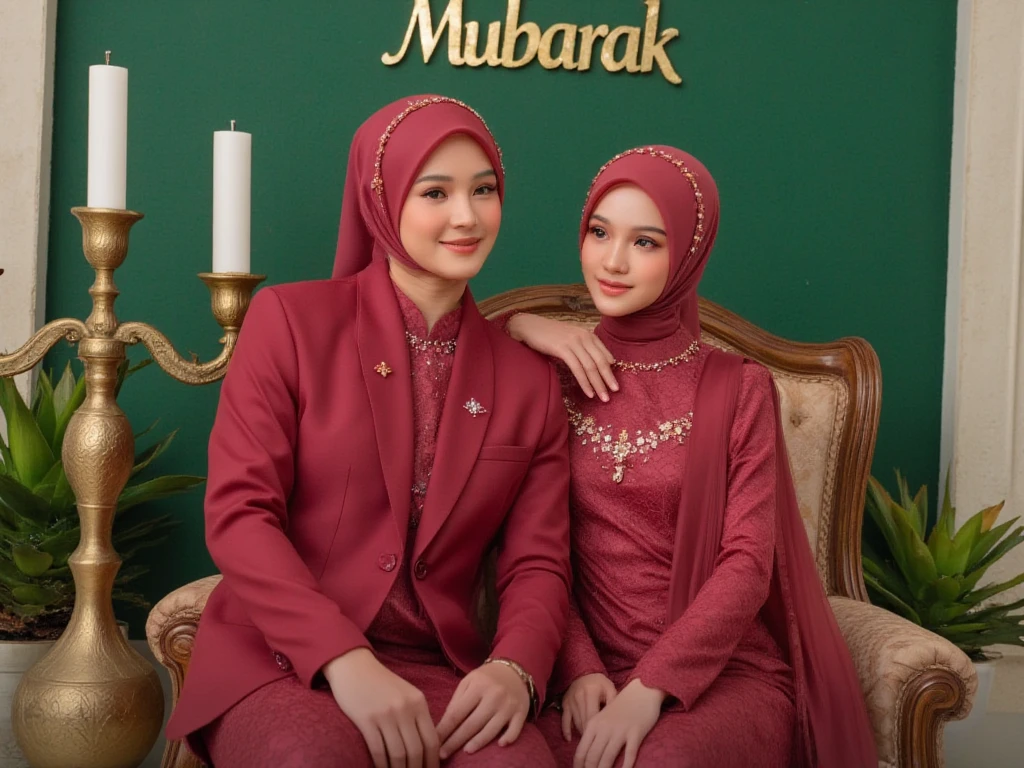 Family photo in Indonesia, four members. A pair of parents, aged 45, a teenage boy aged 25 and a teenage girl aged 14. They are wearing matching Malay-style Muslim clothes, floral patterned sarongs, and sharia-compliant long hijabs in the same harmonious reddish-brown color. It's a studio photo, bright living room, white lighting, Islamic decorations, green flower vases. Super detailed, realistic, ultra HD, 8K.