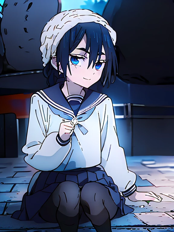 A girl , alone, grip,  school uniform,  blue eyes, serafuku,  Dark blue hair , hair in a braid,  white headband for hair,  long black tights ,  long sleeves, blue knee-length skirt.  smiling,  Sitting on the floor