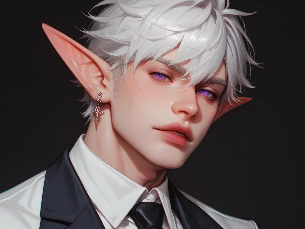 give me art of Aerendyl,
he is Winter Eladrin with short white hair and purple eyes.
He has pale skin.
He is 315 years old
He is a noble. 
He is an older elf 
he wears a white suit and a lavender tie. 
His facial expression is neutral