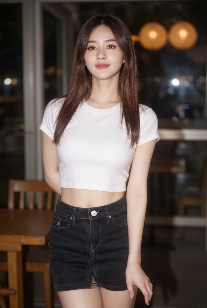 , the girl with long natural brown hair, straight , slender,   medium breasts,  Smirk,   wore a white T-shirt, round neck, short sleeves.,   short black denim skirt   , Random posture ,Standing Pose,  moonlight , That in the cafe  , portrait,  Best Quality , 