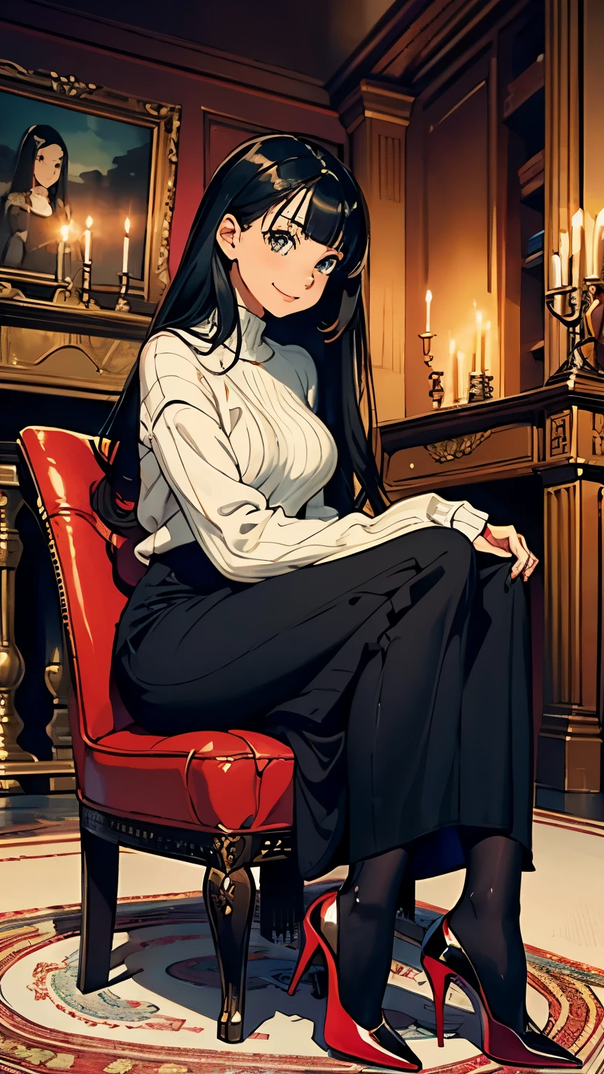 ((masterpiece, high resolution, better quality, better details)), ((Smiling)), ((one girl)) a girl speaking on the phone at a desk, full body, wearing a button-up blouse and wide-leg trousers, ((Louboutin high heels)), visible high heels, green eyes, ((black hair, long hair)), shiny skin, ((side view)), solo, from the side, full body, focus full body, business casual, surrounded by office supplies