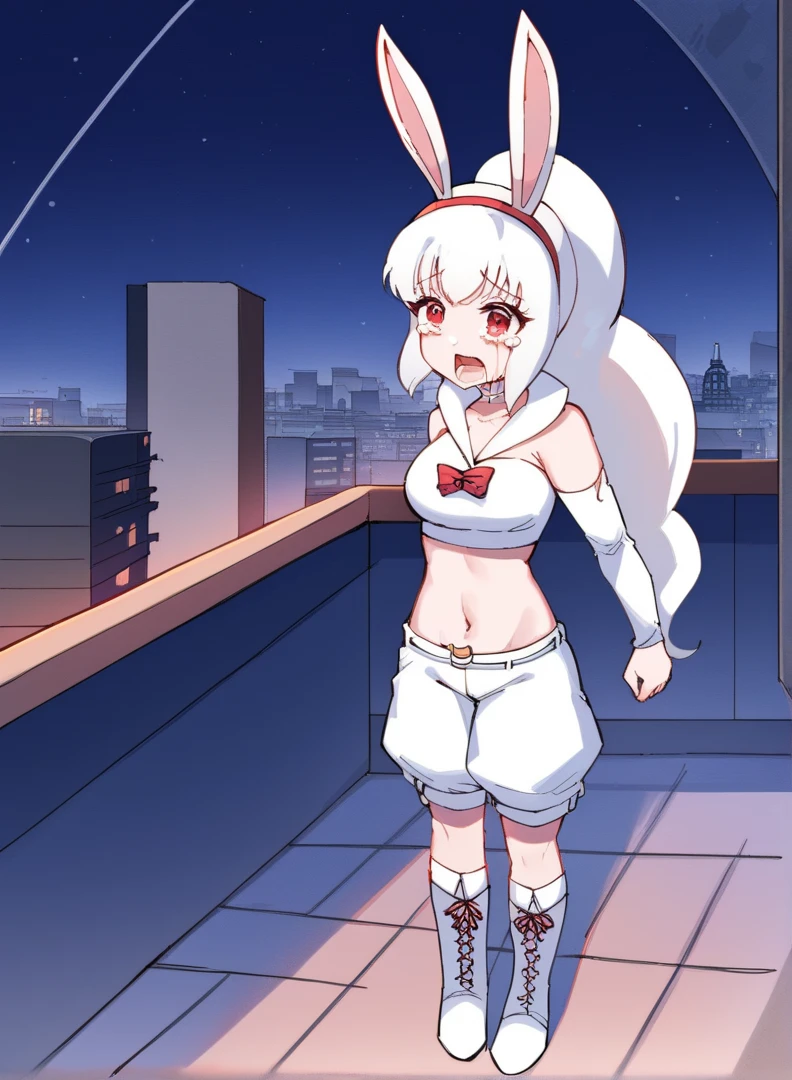 score_9, score_8_up, score_7_up,((best quality)), absurdres, ((full body)), ASYKWPXL, white crop top, white crop top, detached sleeves, white sleeves, bare shoulders, red eyes, white animal ears, ponytail, boots, vanilla white hair, white shorts, midriff, snow white skin, rabbit ears, light-skinned female, night, city, building roof, slim, rabbit girl, standing, snow white bunny ears, pale skin, light blue tongue, open mouth, futuristic city, looking above, crying, high quality, sad, masterpiece, breasts, lconcerned, tears, thicc, torn clothes, defeated, perky breasts, weak, belly button, tight clothes