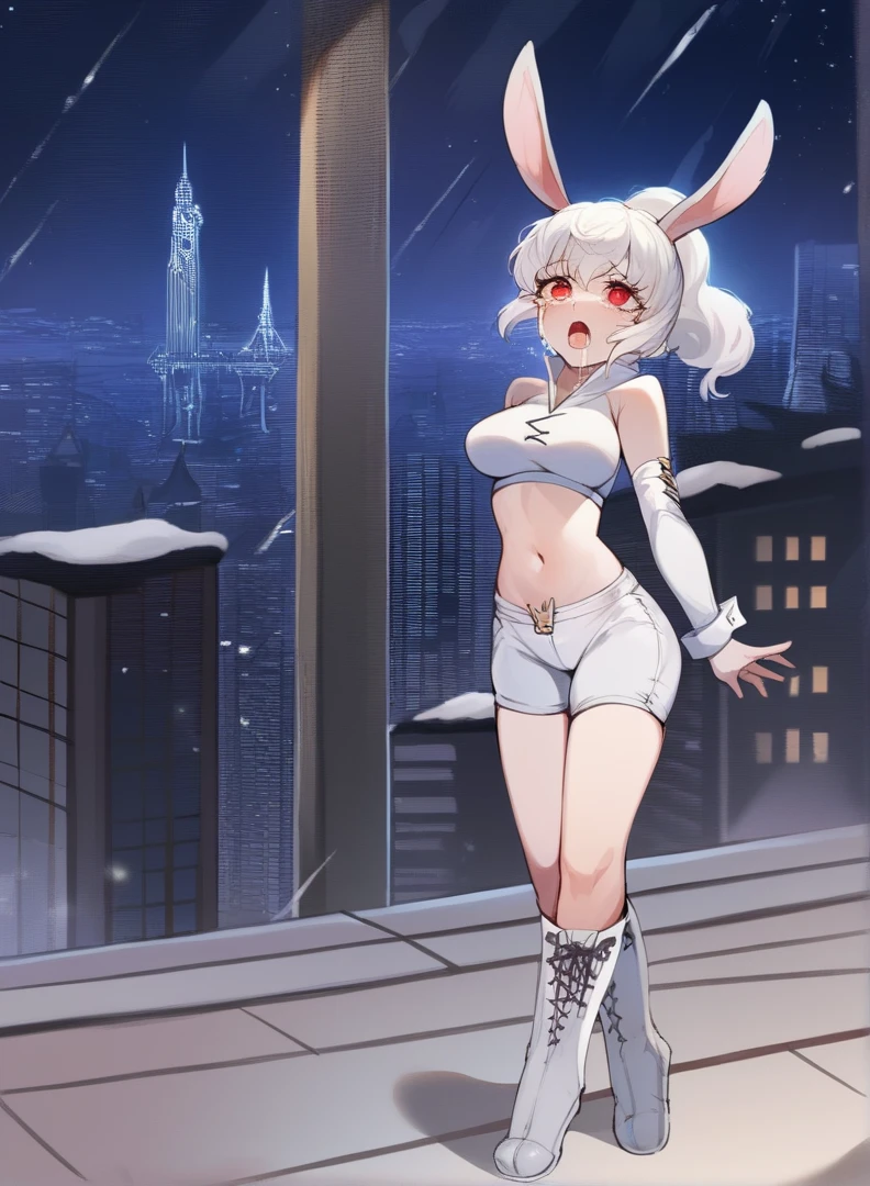 score_9, score_8_up, score_7_up,((best quality)), absurdres, ((full body)), ASYKWPXL, white crop top, white crop top, detached sleeves, white sleeves, bare shoulders, red eyes, white animal ears, ponytail, boots, vanilla white hair, white shorts, midriff, snow white skin, rabbit ears, light-skinned female, night, city, building roof, slim, rabbit girl, standing, snow white bunny ears, pale skin, light blue tongue, open mouth, futuristic city, looking above, crying, high quality, sad, masterpiece, breasts, lconcerned, tears, thicc, torn clothes, defeated, perky breasts, weak, belly button, tight clothes