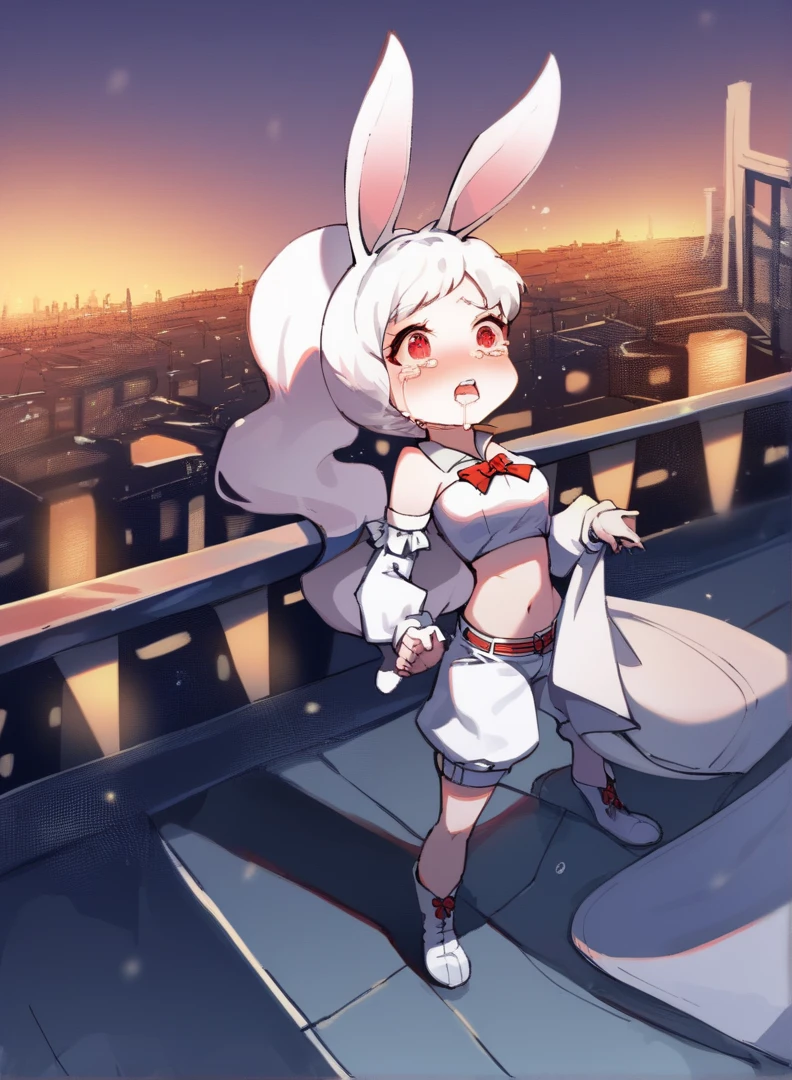 score_9, score_8_up, score_7_up,((best quality)), absurdres, ((full body)), ASYKWPXL, white crop top, white crop top, detached sleeves, white sleeves, bare shoulders, red eyes, white animal ears, ponytail, boots, vanilla white hair, white shorts, midriff, snow white skin, rabbit ears, light-skinned female, night, city, building roof, slim, rabbit girl, standing, snow white bunny ears, pale skin, light blue tongue, open mouth, futuristic city, looking above, crying, high quality, sad, masterpiece, breasts, lconcerned, tears, thicc, torn clothes, defeated, perky breasts, weak, belly button, tight clothes