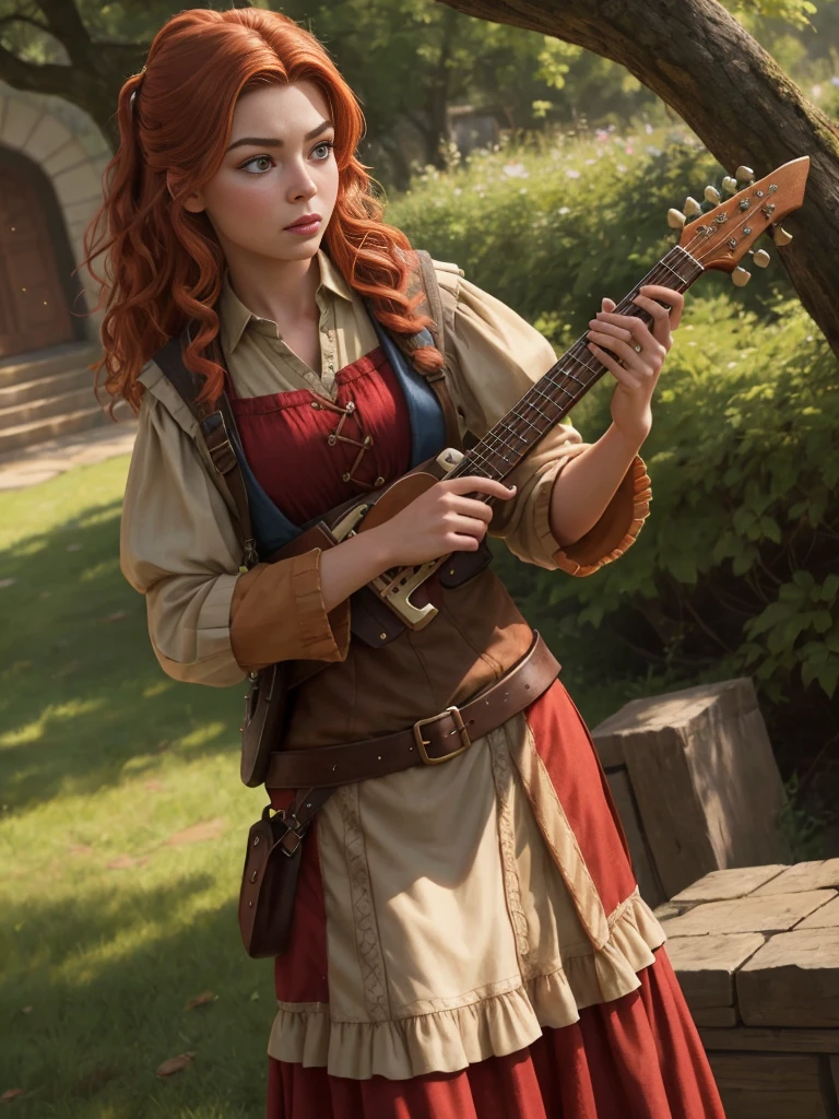 Annie Murphy, Alexis Schitt, as a bard fantasy magic world, redhead, realistic, 4k beatuiful, romantic, seductive, beautiful, actress, kind, 