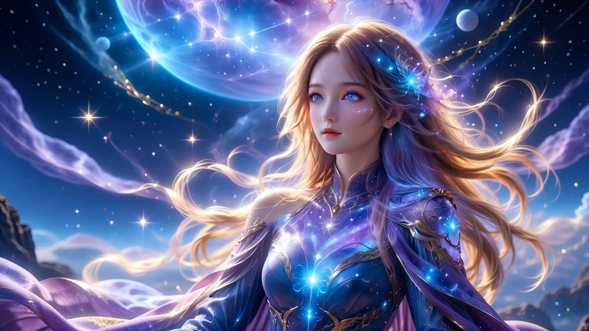galaxias, space, Starcloud, stars, glitters, Smoke, (Girl shape), intricately details, rendering by octane, Ultra photo realsisim , rendering by octane, 8K, uplit ,Purple dream art