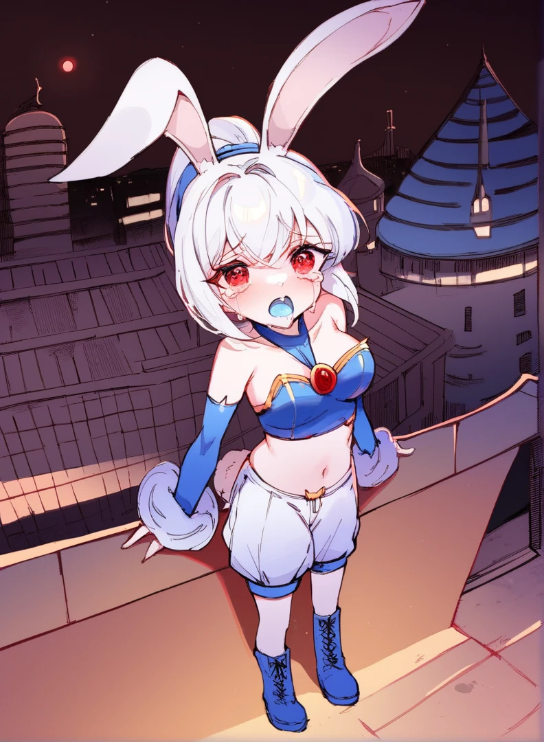 score_9, score_8_up, score_7_up,((best quality)), absurdres, ((full body)), ASYKWPXL, white crop top, white crop top, detached sleeves, white sleeves, bare shoulders, red eyes, white animal ears, ponytail, boots, vanilla white hair, white shorts, midriff, snow white skin, rabbit ears, light-skinned female, night, city, building roof, slim, rabbit girl, standing, snow white bunny ears, pale skin, light blue tongue, open mouth, futuristic city, looking above, crying, high quality, sad, masterpiece, breasts, lconcerned, tears, thicc, torn clothes, defeated, perky breasts, weak, belly button, tight clothes