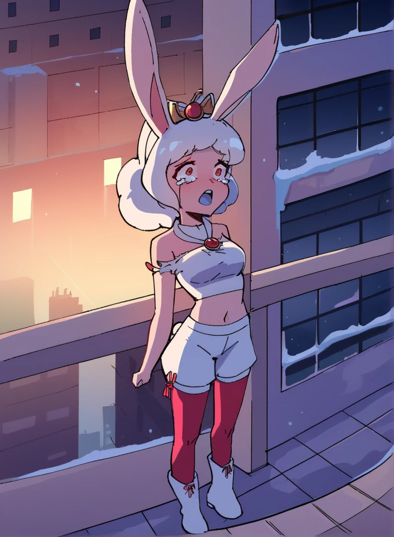 score_9, score_8_up, score_7_up,((best quality)), absurdres, ((full body)), ASYKWPXL, white crop top, white crop top, detached sleeves, white sleeves, bare shoulders, red eyes, white animal ears, ponytail, boots, vanilla white hair, white shorts, midriff, snow white skin, rabbit ears, light-skinned female, night, city, building roof, slim, rabbit girl, standing, snow white bunny ears, pale skin, light blue tongue, open mouth, futuristic city, looking above, crying, high quality, sad, masterpiece, breasts, lconcerned, tears, thicc, torn clothes, defeated, perky breasts, weak, belly button, tight clothes