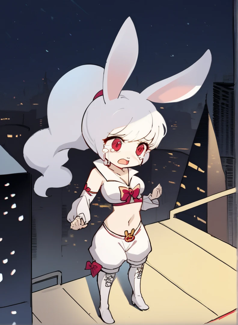 score_9, score_8_up, score_7_up,((best quality)), absurdres, ((full body)), ASYKWPXL, white crop top, white crop top, detached sleeves, white sleeves, bare shoulders, red eyes, white animal ears, ponytail, boots, vanilla white hair, white shorts, midriff, snow white skin, rabbit ears, light-skinned female, night, city, building roof, slim, rabbit girl, standing, snow white bunny ears, pale skin, light blue tongue, open mouth, futuristic city, looking above, crying, high quality, sad, masterpiece, breasts, lconcerned, tears, thicc, torn clothes, defeated, perky breasts, weak, belly button, tight clothes