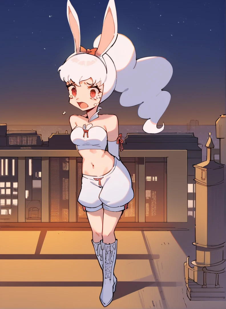 score_9, score_8_up, score_7_up,((best quality)), absurdres, ((full body)), ASYKWPXL, white crop top, white crop top, detached sleeves, white sleeves, bare shoulders, red eyes, white animal ears, ponytail, boots, vanilla white hair, white shorts, midriff, snow white skin, rabbit ears, light-skinned female, night, city, building roof, slim, rabbit girl, standing, snow white bunny ears, pale skin, light blue tongue, open mouth, futuristic city, looking above, crying, high quality, sad, masterpiece, breasts, lconcerned, tears, thicc, torn clothes, defeated, perky breasts, weak, belly button, tight clothes