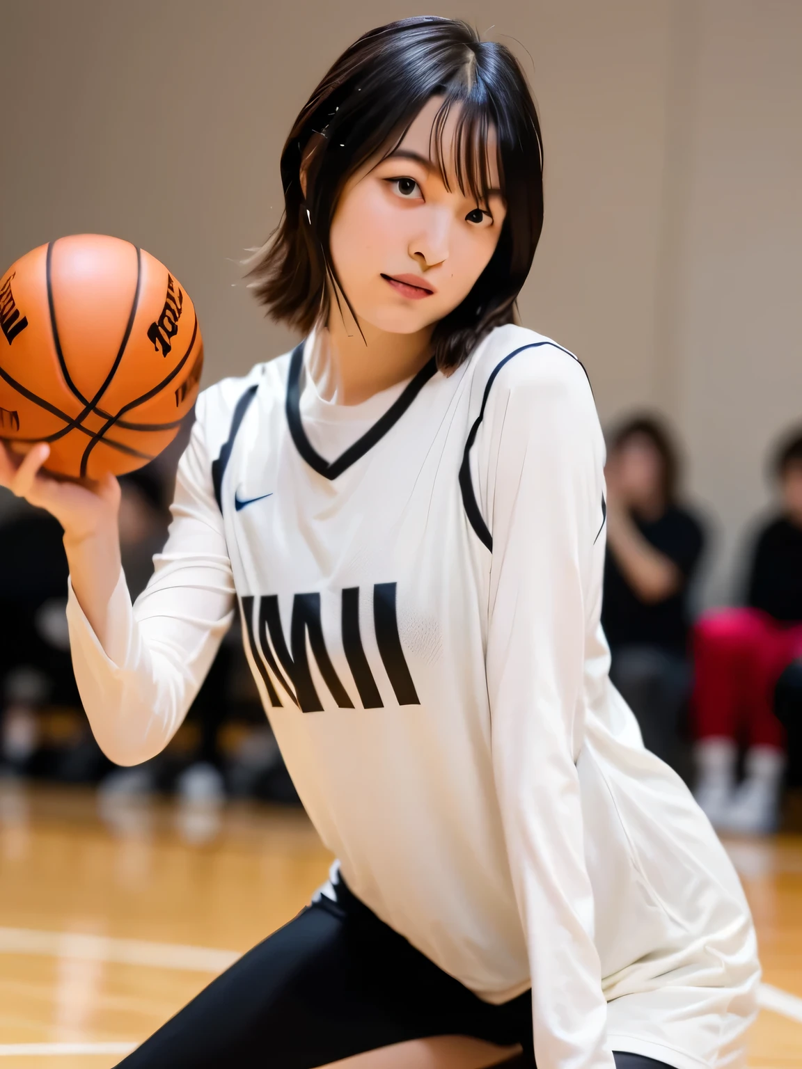 A young female basketball player executing a dynamic jump shot with precision and grace. The basketball is held firmly in both hands as she aims for the hoop, her form exuding confidence and mastery. Her slim-fit basketball uniform highlights her athletic build, while black high socks and matching sneakers provide a sleek and modern look. Her neatly braided black hair arcs through the air as she leaps, with her intense black eyes fixed firmly on the goal. The polished wooden floor of the brightly lit gymnasium reflects the action, emphasizing the energy, elegance, and competitive spirit of the moment.　 ( RAW photos , top quality ), ( realistic , photo- realistic :1.4), masterpiece, extremely delicate and beautiful, extremely detailed, 2k wallpaper, wonderful, Detailed description, extremely detailed CG unity 8k wallpaper, ultra detail showing the cathedral, high res, Soft light, beautiful with great attention to detail, extremely detailed eyes and face, beautiful detailed nose, beautiful detailed eyes, cinematic lighting , Perfect Anatomy, slender body, smile.