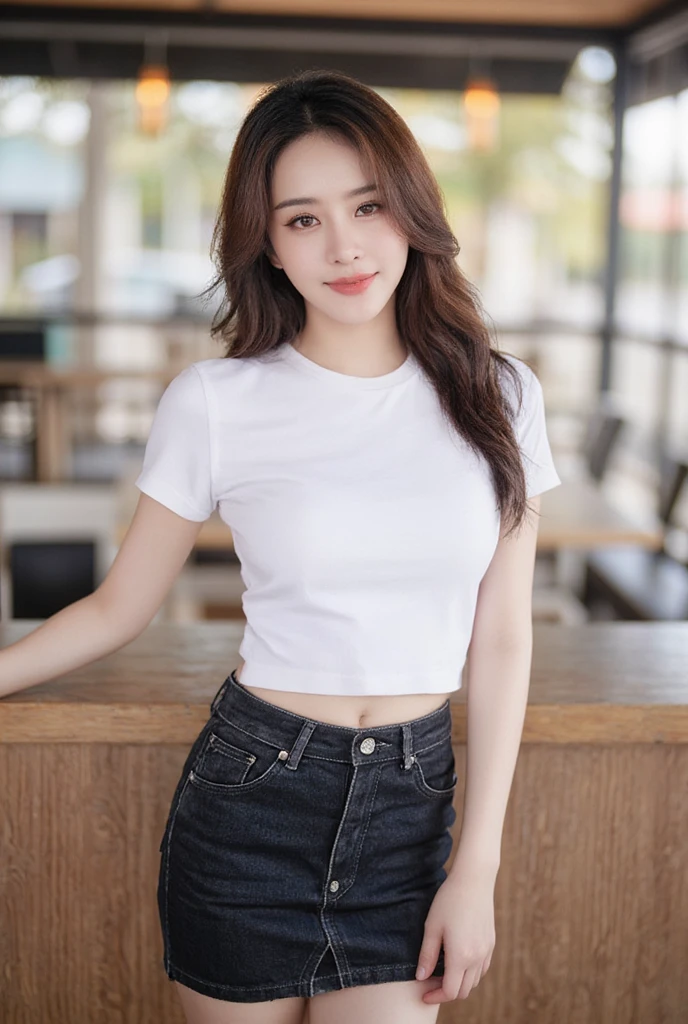 Thai women,Long natural brown hair , slender,   medium breasts,  , anatomically correct ,Smirk,   wearing a white T-shirt with a round neck and short sleeves.,   short black denim skirt   , Random posture ,Standing Pose,  Daylight , That in the cafe  , portrait,  Best Quality , 