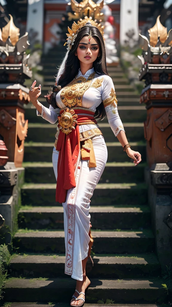 (( top quality)), ((masterpiece)), (detail), heavenly beauty Aishwarya,((without bindi)),perfect facial detail , perfect finger details, black hair,fit curvy body , Beautiful legs,wearing white Balinese traditional clothes, dancing traditional Balinese dance, Balinese epic vibes, Balinese traditional dance performance, night,depth of field , foto 8K, hdr, professional lighting , taken with canon eos r5 , 75mm lens