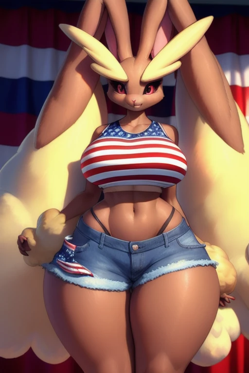 uploaded on e621, explicit content, 3d:0.7, cutesexyrobutts, hioshiru, female, solo, lopunny, short round fluffy tail, bedroom setting, (patriotic crop top with stars and stripes, Jean shorts), (large breasts, natural breasts, breast sag:0.8), thick thighs, wide hips, three-quarter portrait, closeup
