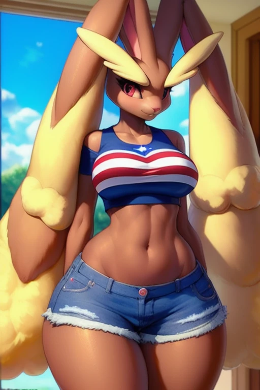 uploaded on e621, explicit content, 3d:0.7, cutesexyrobutts, hioshiru, female, solo, lopunny, short round fluffy tail, bedroom setting, (patriotic crop top with stars and stripes, Jean shorts), (large breasts, natural breasts, breast sag:0.8), thick thighs, wide hips, three-quarter portrait, closeup
