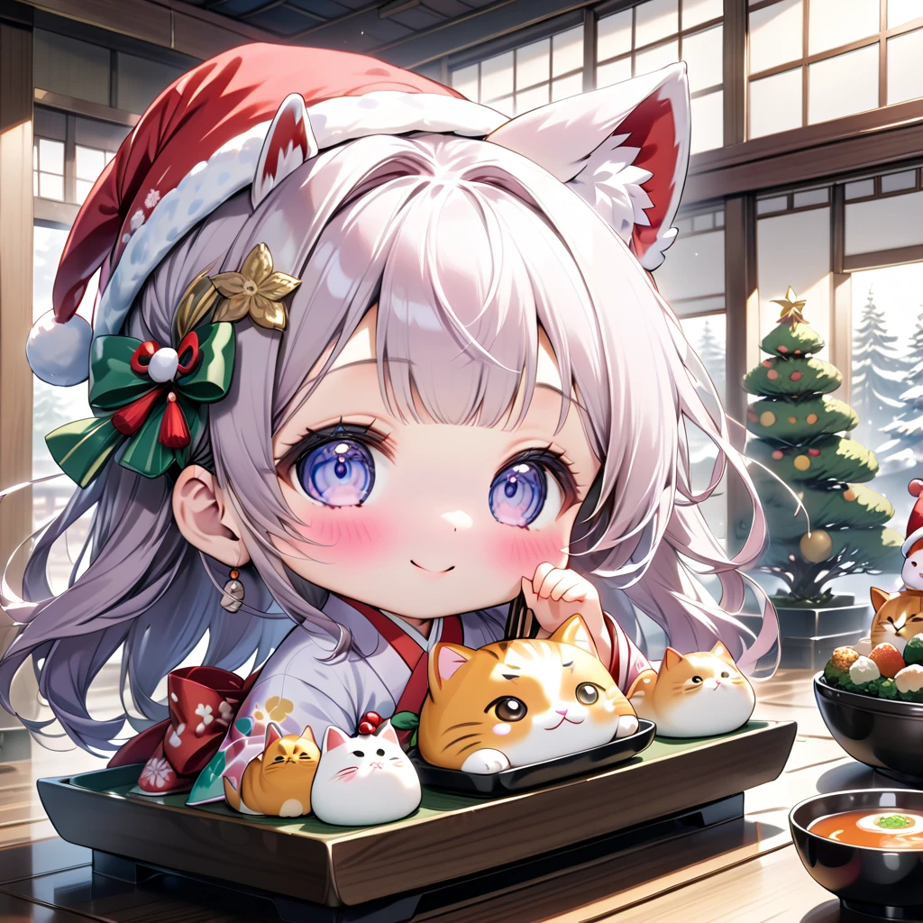 (masterpiece), (ultra-detailed, best quality, clear focus, dramatic scene, cinematic), shadow, (ultra-high resolution, 8k), perfect anatomy, perfect face, (detailed face), (detailed eye), (chibi:1.2), cute Japanese chibi girl, famous Japanese chibi idol, very beautiful and cute and cool face, (wearing a cute pastel colored Japanese traditional wear:1.2), Christmas hat, (large breasts), (She is enjoying a Japanese traditional styled Christmas dinner with her giant fat cats:1.3), she is sitting on the tatami floor in the Japanese traditional room, low table, (gorgeously decorated large Bonsai as a Christmas trees:1.2), (some plates of gorgeous sushi and a bowl of miso soup are on the table), Japanese traditional furnishings, smile, (many giant fat cats are mewing:1.3), (detailed cats:1.3)