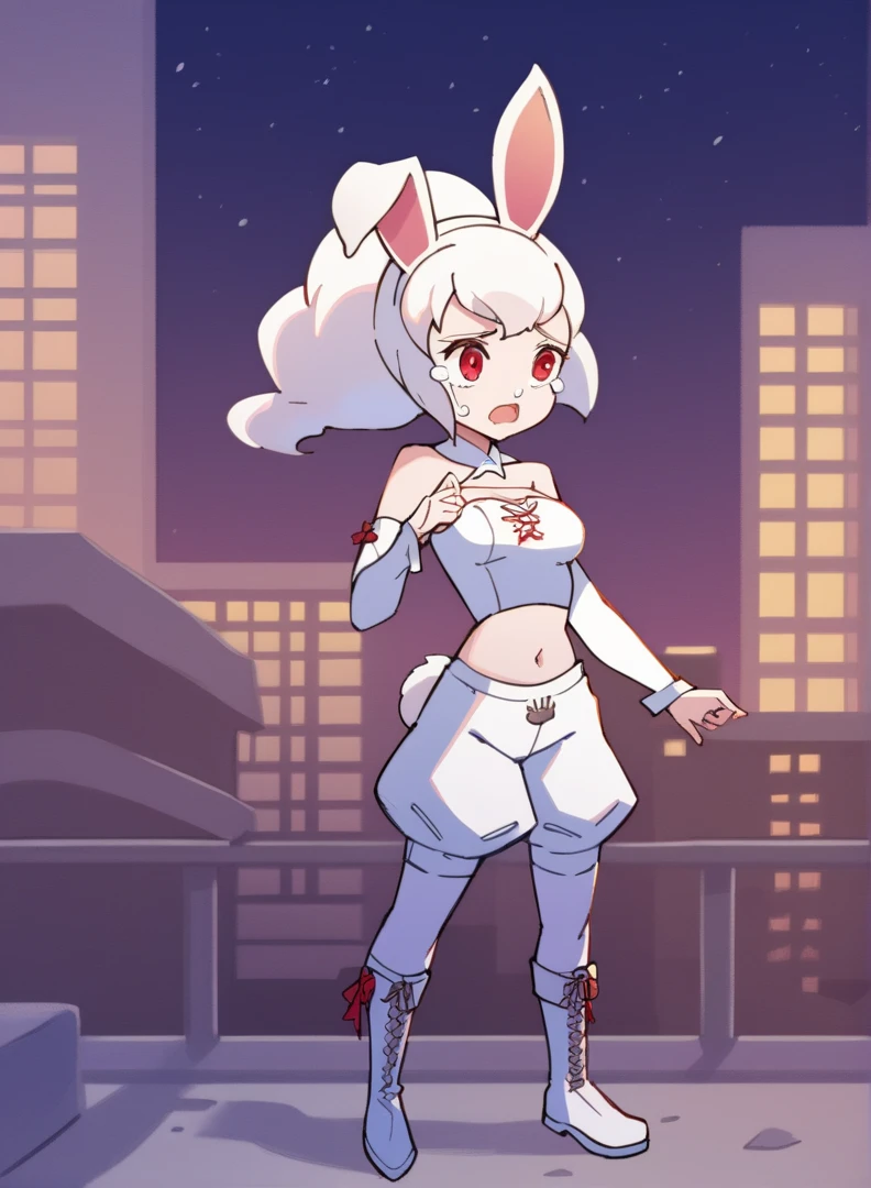 score_9, score_8_up, score_7_up,((best quality)), absurdres, ((full body)), ASYKWPXL, white crop top, white crop top, detached sleeves, white sleeves, bare shoulders, red eyes, white animal ears, ponytail, boots, vanilla white hair, white shorts, midriff, snow white skin, rabbit ears, light-skinned female, night, city, building roof, slim, rabbit girl, standing, snow white bunny ears, pale skin, light blue tongue, open mouth, futuristic city, looking above, crying, high quality, sad, masterpiece, breasts, lconcerned, tears, thicc, torn clothes, defeated, perky breasts, weak, belly button, tight clothes