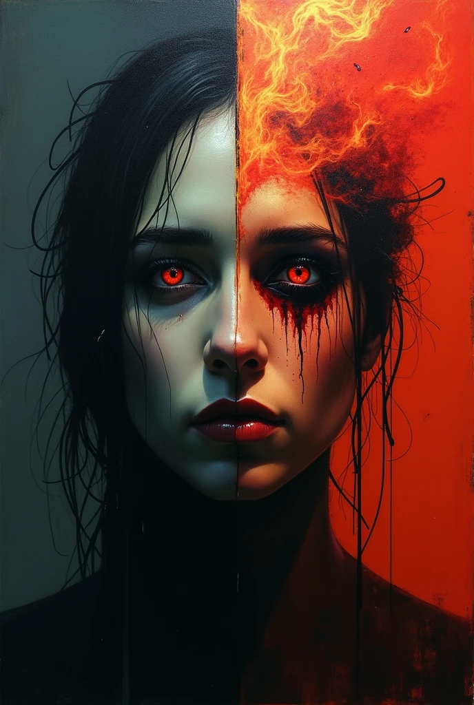 Create another most scary dark and bright contrasting artworks on the same person but having contrasting ideas or emotions