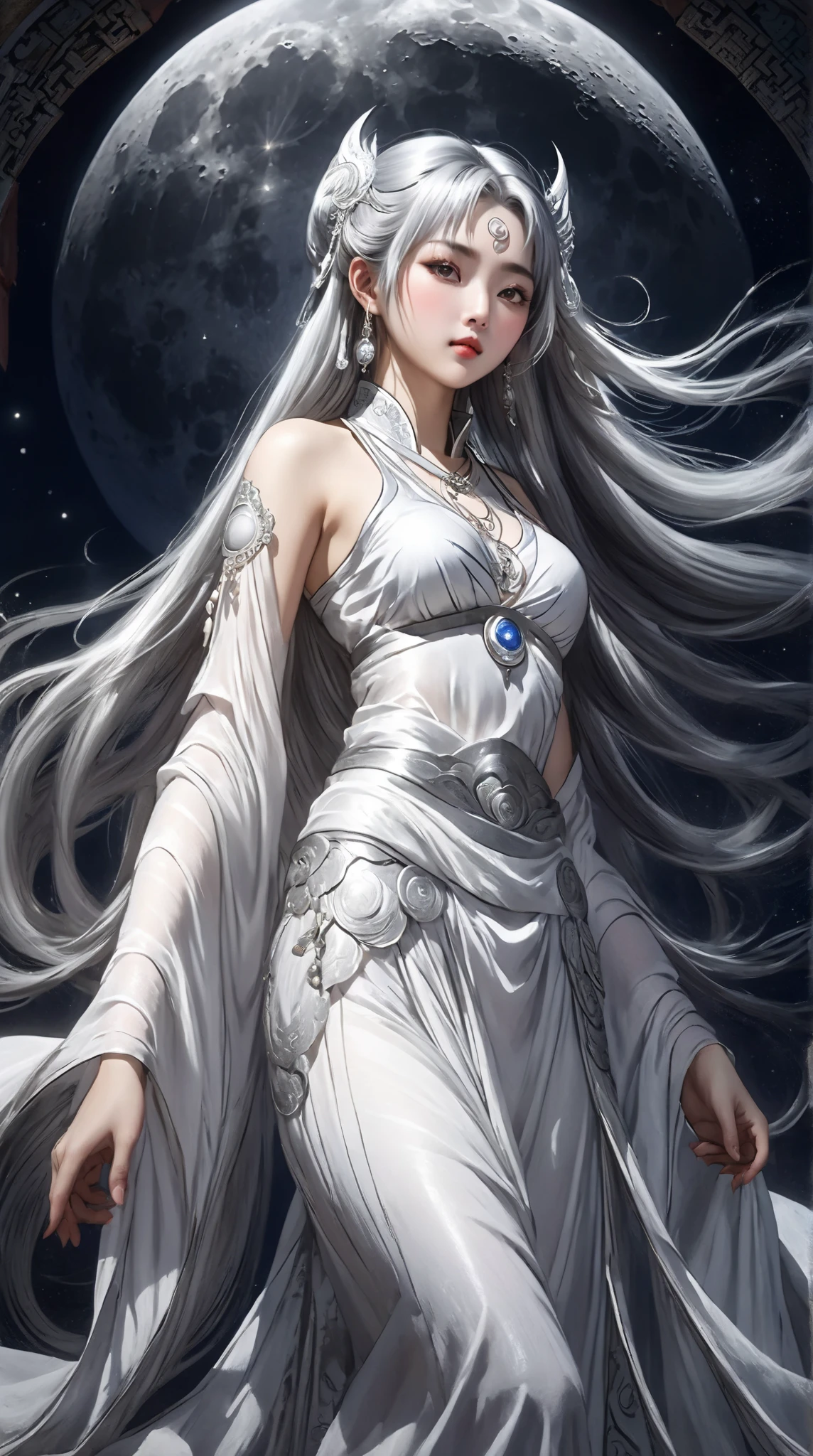  Ultra HD，Reality，  Ancient Chinese  ，myth，Moon Goddess ，Bangs,   Silver Long Hair  ,  Forehead moon print  ， plump breasts ，  very detailed moon tattoo， wearing white silk fairy dress ，  Silver Stripes  .masterpiece,   high detail, , , 