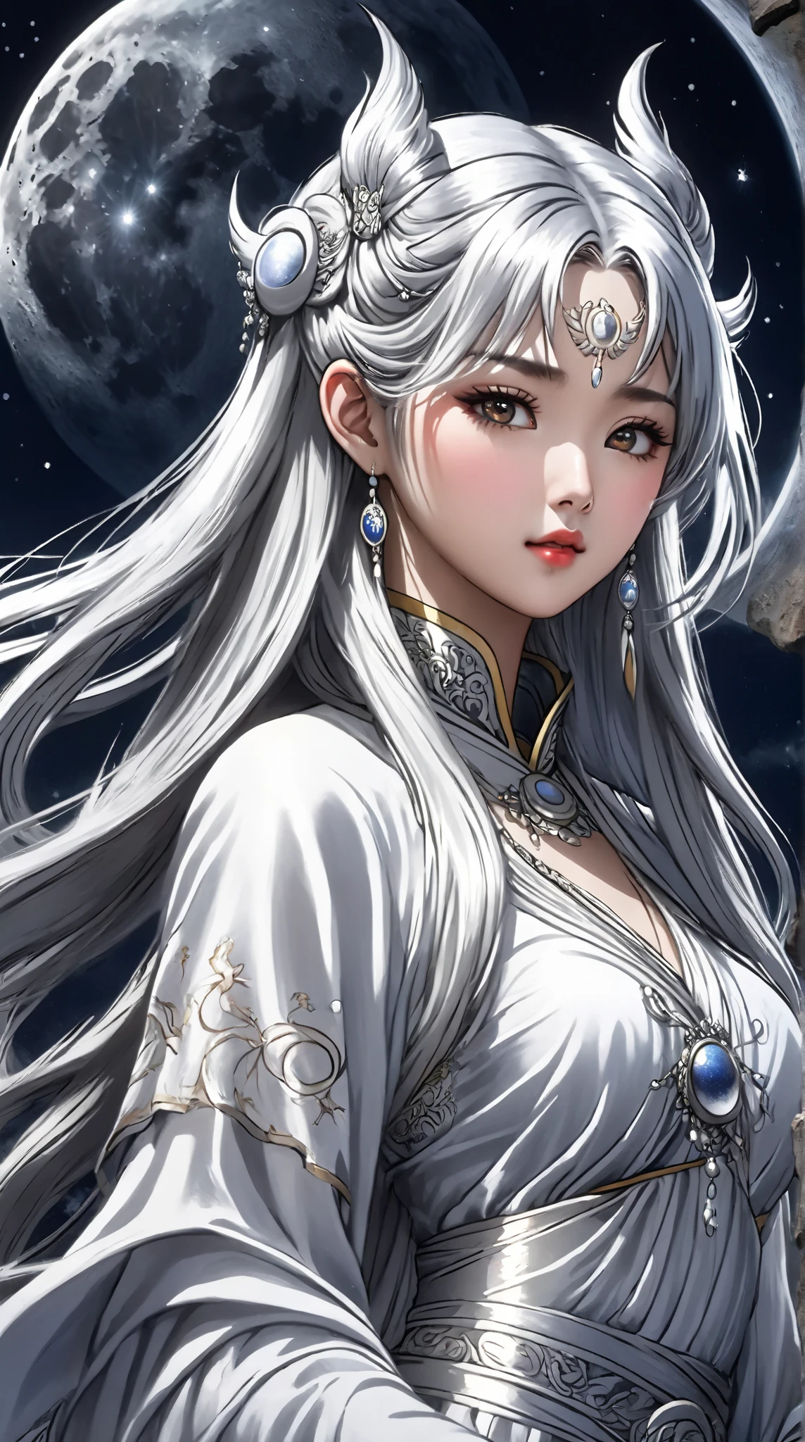  Ultra HD，Reality，  Ancient Chinese  ，myth，Moon Goddess ，Bangs,   Silver Long Hair  ,  Forehead moon print  ， plump breasts ，  very detailed moon tattoo， wearing white silk fairy dress ，  Silver Stripes  .masterpiece,   high detail, , , 