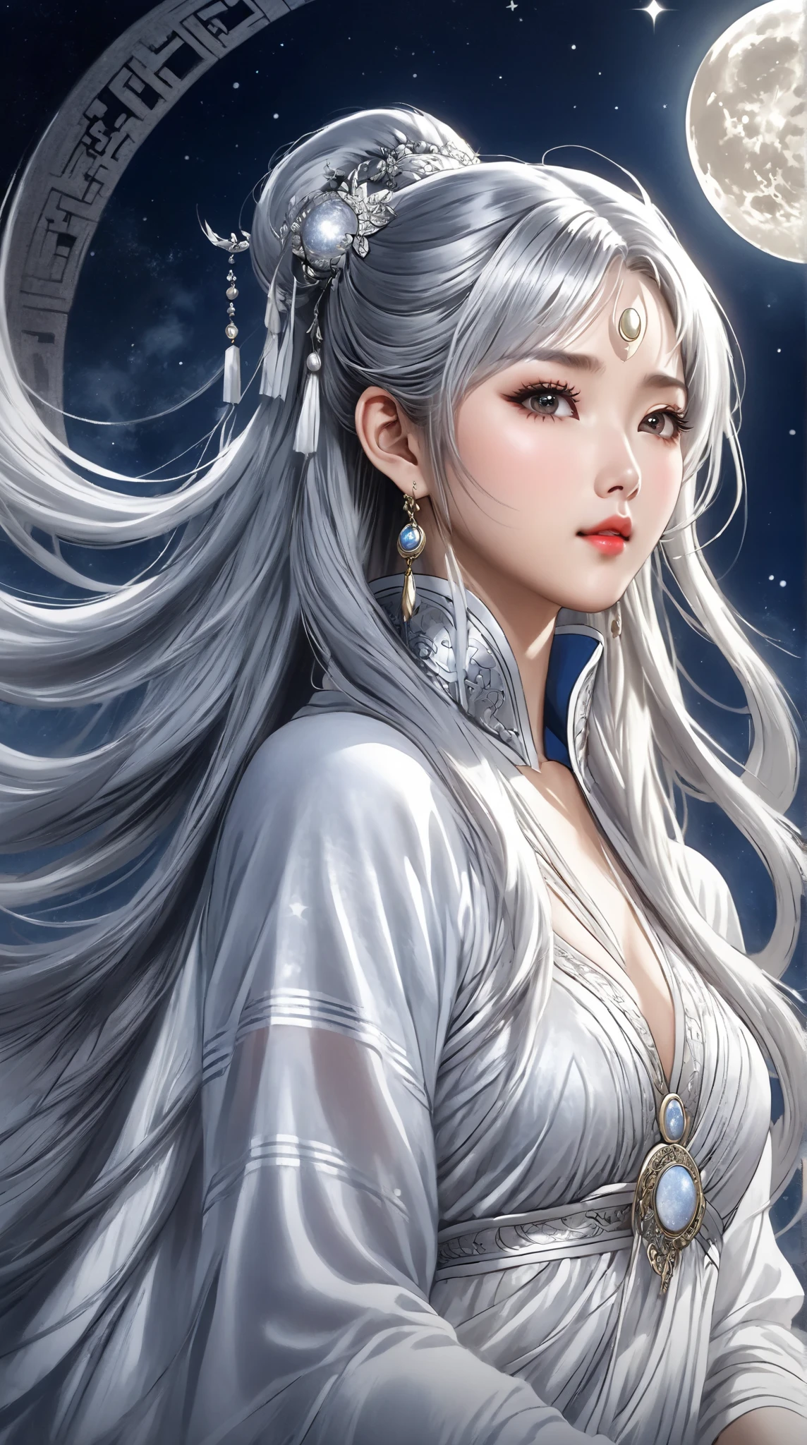  Ultra HD，Reality，  Ancient Chinese  ，myth，Moon Goddess ，Bangs,   Silver Long Hair  ,  Forehead moon print  ， plump breasts ，  very detailed moon tattoo， wearing white silk fairy dress ，  Silver Stripes  .masterpiece,   high detail, , , 