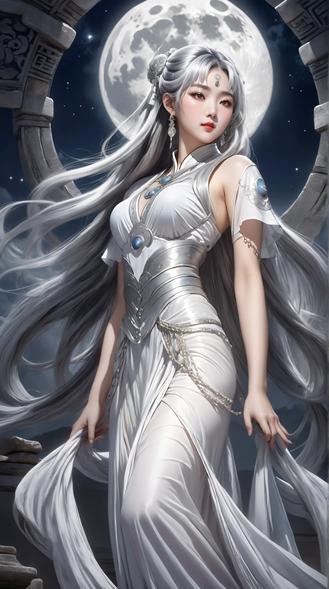  Ultra HD，Reality，  Ancient Chinese  ，myth，Moon Goddess ，Bangs,   Silver Long Hair  ,  Forehead moon print  ， plump breasts ，  very detailed moon tattoo， wearing white silk fairy dress ，  Silver Stripes  .masterpiece,   high detail, , , 