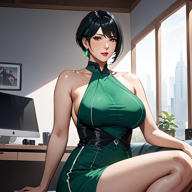 ( masterpiece), ( realistic anime style), (super detailed ), ( definite details), Women, Awesome MILF, Super beautiful,  Black hair,  short hair, sexy body,  big breasts, Sexy Tracer, dark green fitted dress, Sitting with a playful mirana