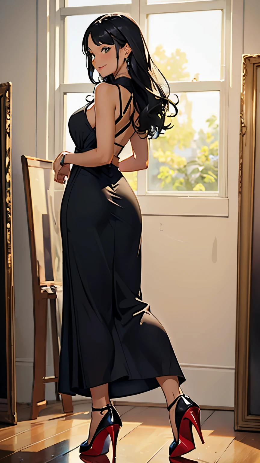 ((masterpiece, high resolution, better quality, better details)), ((Smiling)), ((one girl)) a girl speaking on the phone at a desk, full body, wearing a button-up blouse and wide-leg trousers, ((Louboutin high heels)), visible high heels, green eyes, ((black hair, long hair)), shiny skin, ((side view)), solo, from the side, full body, focus full body, business casual, surrounded by office supplies