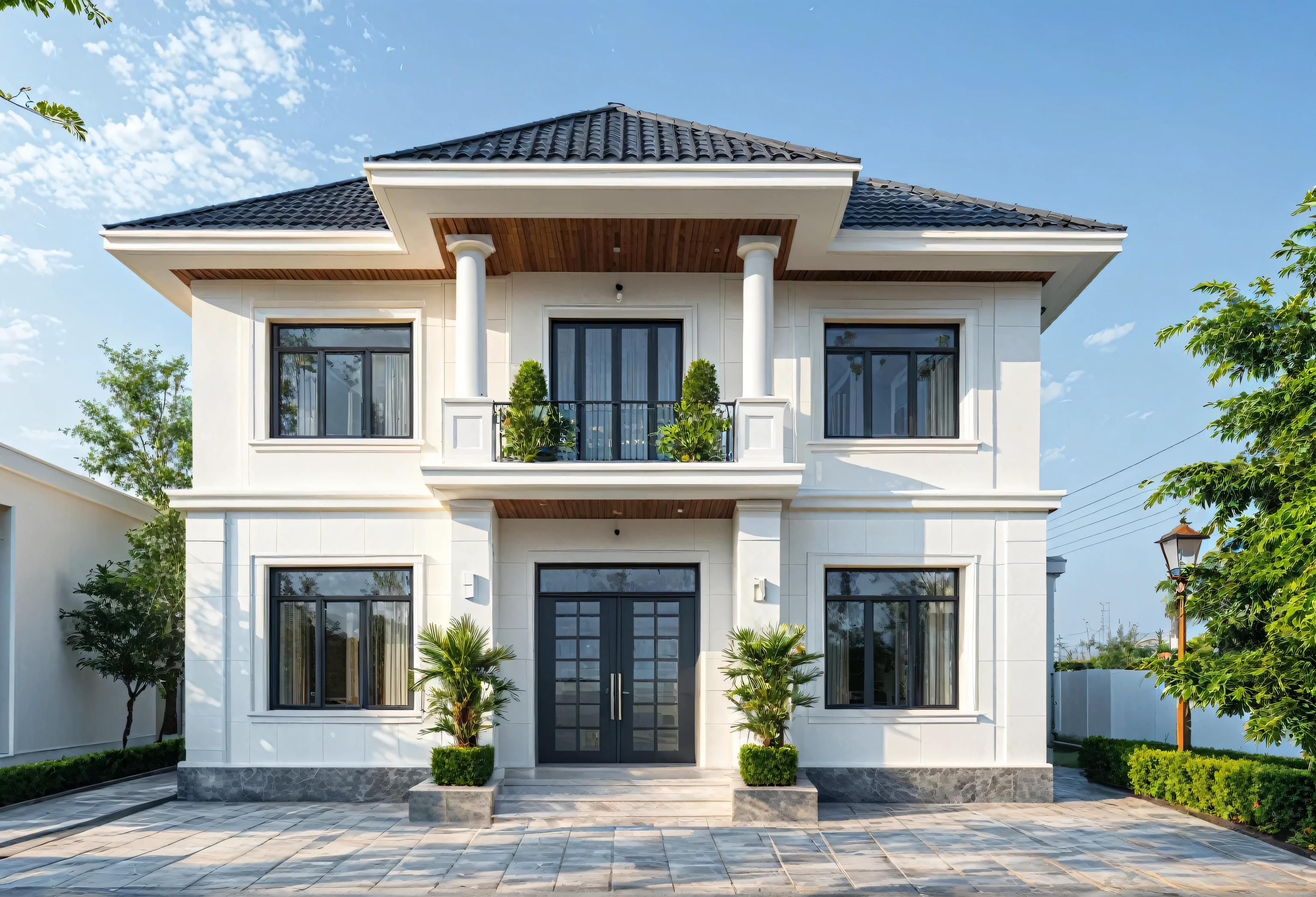 (masterpiece:1.2), best quality, photo of A two-story modern house with white walls and dark gray tiles on the roof., tree and plant, streetcapes, natural light, The exterior of an elegant single family home features large windows, ((a dark gray door frame)), ((dynamic light))