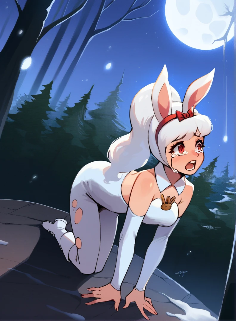 score_9, score_8_up, score_7_up,((best quality)), absurdres, ((full body)), ASYKWPXL, white crop top, white crop top, detached sleeves, white sleeves, bare shoulders, red eyes, white animal ears, ponytail, boots, vanilla white hair, white shorts, midriff, snow white skin, rabbit ears, light-skinned female, forest, night, full moon, trees in background, slim, rabbit girl, standing, snow white bunny ears, pale skin, light blue tongue, open mouth, futuristic city, looking above, crying, high quality, sad, masterpiece, breasts, concerned, tears, thicc, torn clothes, defeated, perky breasts, weak, belly button, tight clothes, on all fours