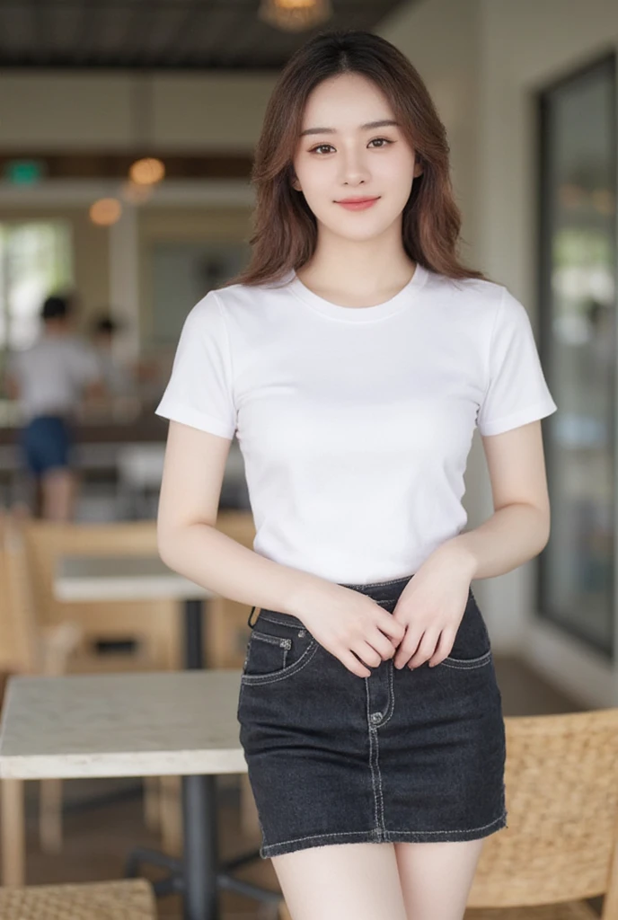 Thai women, long brown hair , slender,   medium breasts,  , anatomically correct ,Smirk,   wearing a white T-shirt with a round neck and short sleeves.,   short black denim skirt   , Random posture ,Standing Pose,  Daylight , That in the cafe  , high definition 8k ,  Best Quality , Realistic images,