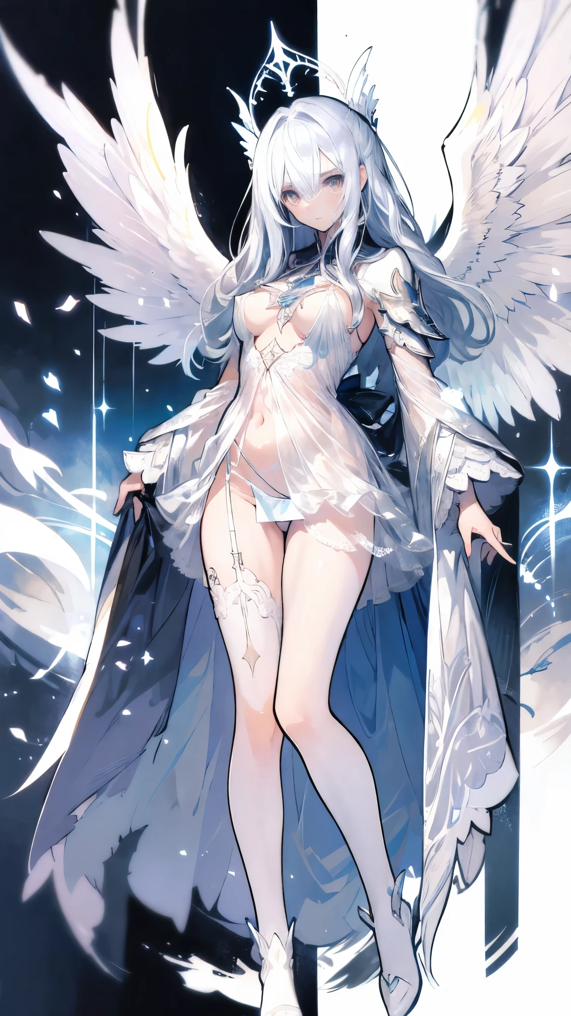 ((masterpiece, Best Quality )),Angel, pure white background,Wings of Steel, detailed facial under panties,warrior,REFRIGERATE ,whole body, perfect body proportions , glowing eyes , Sexy ,Tattoo,Extremely beautiful,transparent,sexy