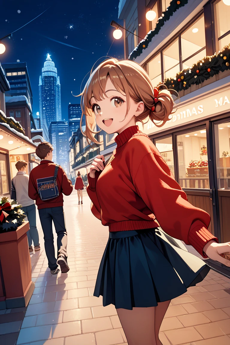 (masterpiece), (best quality), (high resolution), 1boy, 1girl, (mano sakuragi), pov, city, Christmas, night, happy, brown hair, brown eyes, open mouth, sweater, skirt, standing, looking back