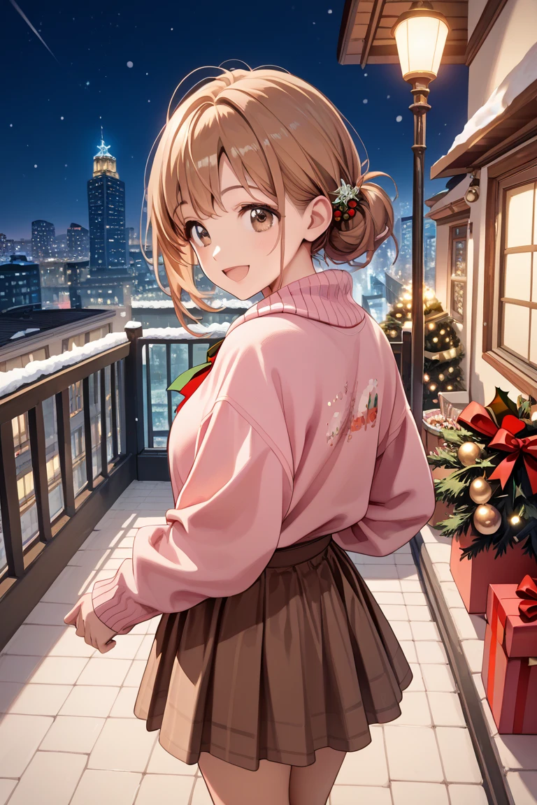 (masterpiece), (best quality), (high resolution), 1boy, 1girl, (mano sakuragi), pov, city, Christmas, night, happy, brown hair, brown eyes, open mouth, pink sweater, brown skirt, standing, looking back