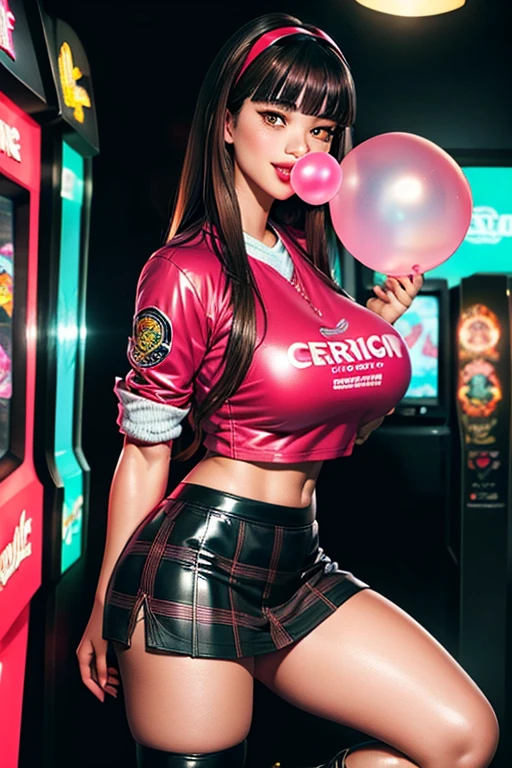 Upper body portrait, Living Inflatable sex doll, Floating, (tomie, hairband, blunt bangs, (mole under eye:0.7) extra long and thick luxurious hair with cerise highlights), freckled skin, huge breasts, (wearing massive blue and yellow college bomber jacket with tight anime logo t-shirt and mauve plaid miniskirt), (knee high socks), smiling and seductive, (blowing a gigantic bubblegum bubble from the front her lips), (indoor neon lit arcade with arcade game cabinets), (((muscular inflating))), giving seductive look to viewer, several air hoses connected to her thighs and arms and back from air canister in room, rubber vinyl seams down centers of exposed arms and legs, (carrying a package of bubblegum in her left hand)