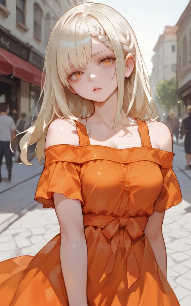 a woman posing on the street corner with orange dress on, best quality, 1girl, medium breast, day, bright, blur background, bokeh, outdoor, (street:0.8), (people, crowds:0.8), (off-shoulder dress:1.2), gorgeous, (braided bangs:1.2), beautiful detailed sky, (dynamic pose:1.2), soft lighting, wind, shiny skin, (upper body:0.8), (freckles:0.8), mole under mouth, 