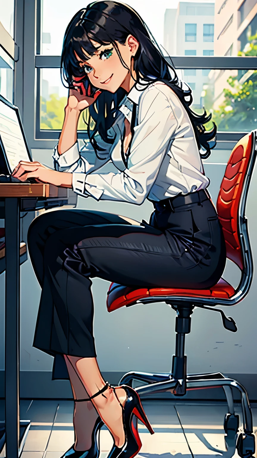 ((masterpiece, high resolution, better quality, better details)), ((Smiling)), ((one girl)) a girl speaking on the phone at a desk, full body, wearing a button-up blouse and wide-leg trousers, ((Louboutin high heels)), visible high heels, green eyes, ((black hair, long hair)), shiny skin, ((side view)), solo, from the side, full body, focus full body, business casual, surrounded by office supplies