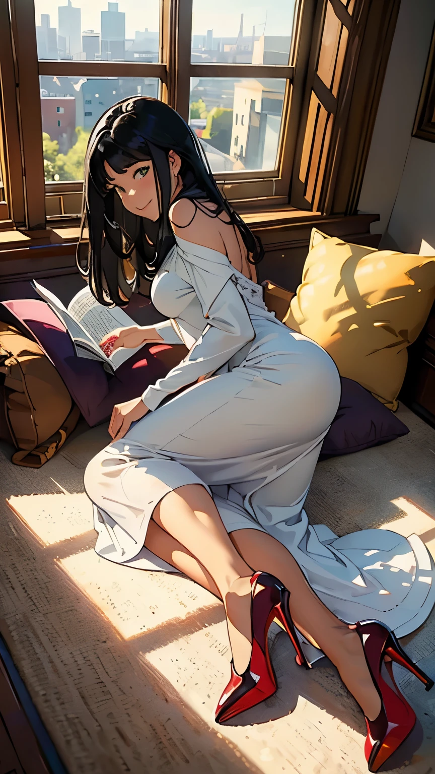 ((masterpiece, high resolution, better quality, better details)), ((Smiling)), ((one girl)) a girl speaking on the phone at a desk, full body, wearing a button-up blouse and wide-leg trousers, ((Louboutin high heels)), visible high heels, green eyes, ((black hair, long hair)), shiny skin, ((side view)), solo, from the side, full body, focus full body, business casual, surrounded by office supplies