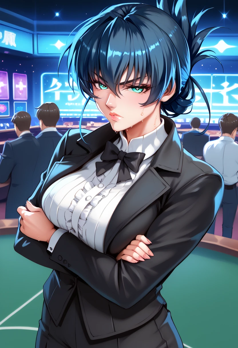 Igawa_Asagi, dark blue hair, long hair,  folded ponytail,hair between eyes, aqua eyes, large breasts,score_9, score_8_up, score_7_up, perfect hands, perfect finger,perfect anatomy, masterpiece, best quality,realistic, hyperrealistic, 16k hdr,1 mature female,(Men's Tuxedo,pants,jacket),indoor,(casino),standing,sweat,(serious:1.2),(full body),cross arms,upper body