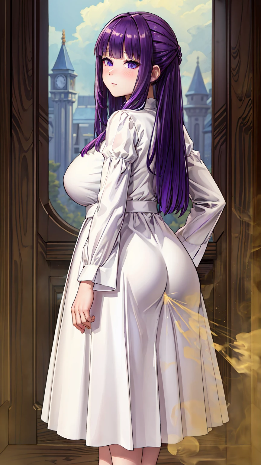 great masterpiece, (Unreal Engine), reality:1.5, Ultra-fine, Rich Contrast, High Quality, 8k, Hi-Res Texture, Amazing Absolute Resolution, Advanced Settings, colorful, Clear Images, DIGITAL BLENDING, (Hasselblad Photography, Distorted angle of view), 

1 girl、long purple hair ,   purple eyes、(White long sleeve),（Perfect means) turn your back,Straight face、( lean forward)、((white satin ankle-length long skirt))、Emotionless、
(Yellow Fart)、 foul-smelling 、 blush your cheeks、 elegant face、(((Big Breasts)))、 turn around、 cute、It was plump、

indonr, royal room, look from behind 、