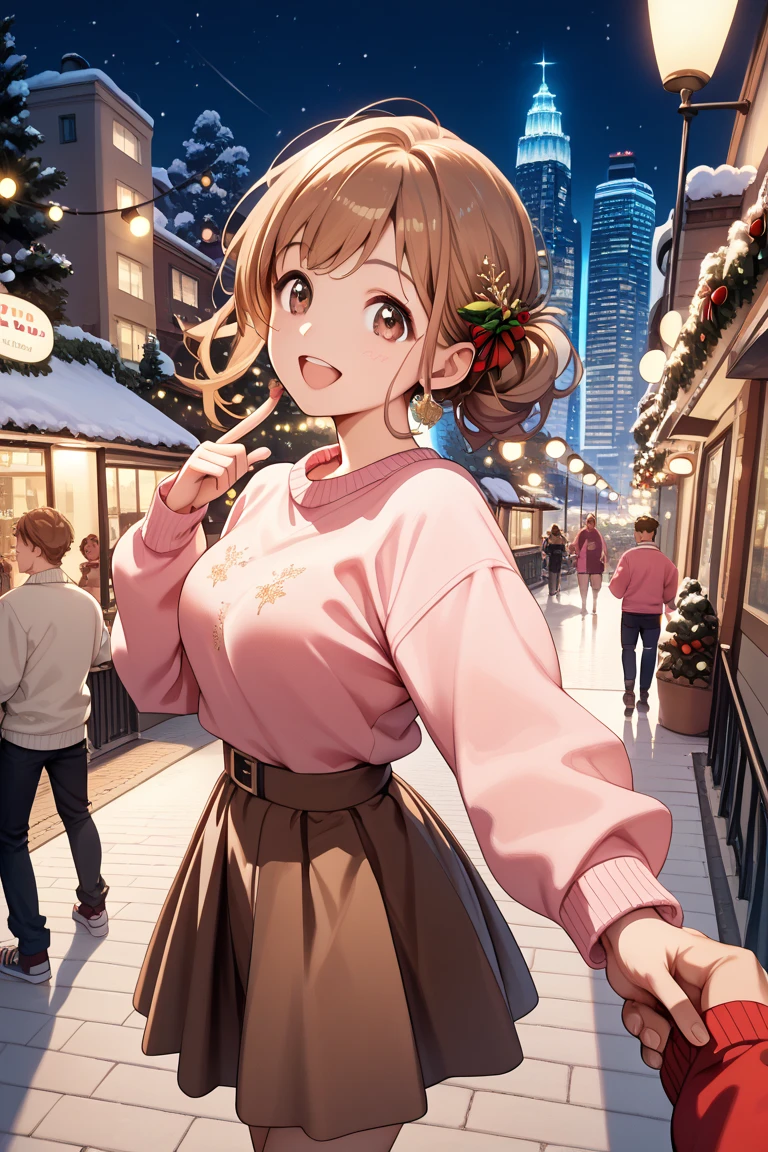 (masterpiece), (best quality), (high resolution), 1boy, 1girl, (mano sakuragi), pov, city, Christmas, night, happy, brown hair, brown eyes, open mouth, pink sweater, brown skirt, standing, looking back