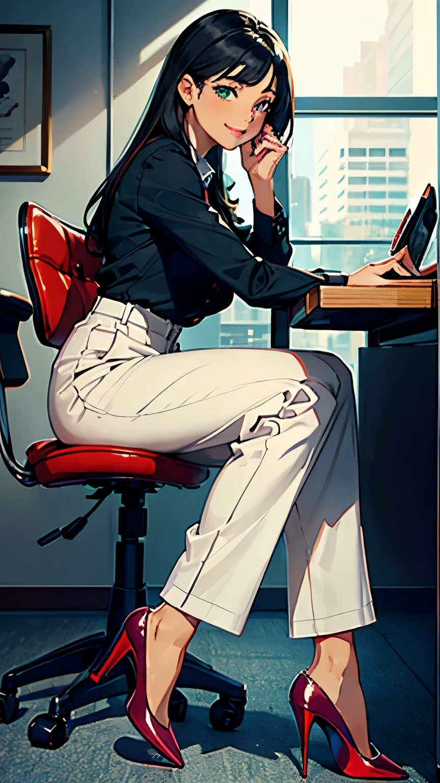 ((masterpiece, high resolution, better quality, better details)), ((Smiling)), ((one girl)) a girl speaking on the phone at a desk, full body, wearing a button-up blouse and wide-leg trousers, ((Louboutin high heels)), visible high heels, green eyes, ((black hair, long hair)), shiny skin, ((side view)), solo, from the side, full body, focus full body, business casual, surrounded by office supplies