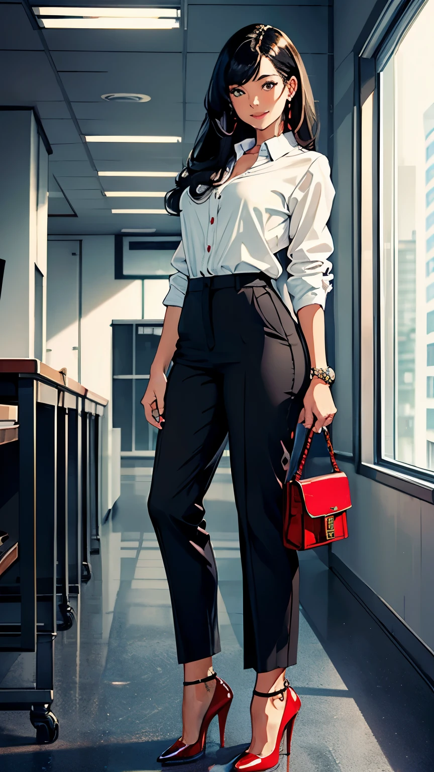 ((masterpiece, high resolution, better quality, better details)), ((Smiling)), ((one girl)) a girl speaking on the phone at a desk, full body, wearing a button-up blouse and wide-leg trousers, ((Louboutin high heels)), visible high heels, green eyes, ((black hair, long hair)), shiny skin, ((side view)), solo, from the side, full body, focus full body, business casual, surrounded by office supplies