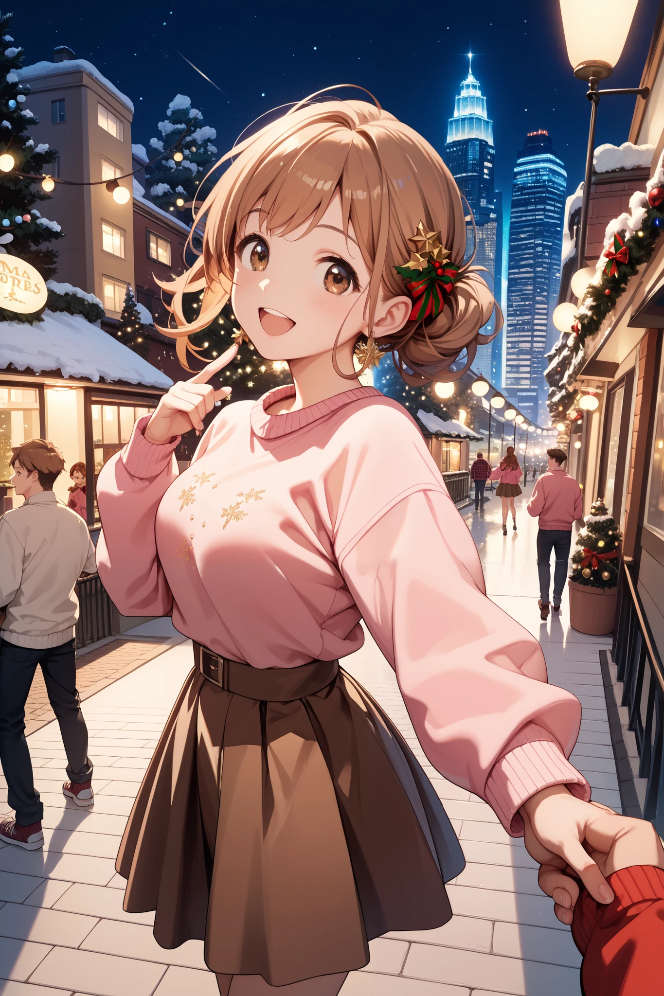 (masterpiece), (best quality), (high resolution), 1boy, 1girl, (mano sakuragi), pov, city, Christmas, night, happy, brown hair, brown eyes, open mouth, pink sweater, brown skirt, standing, looking back