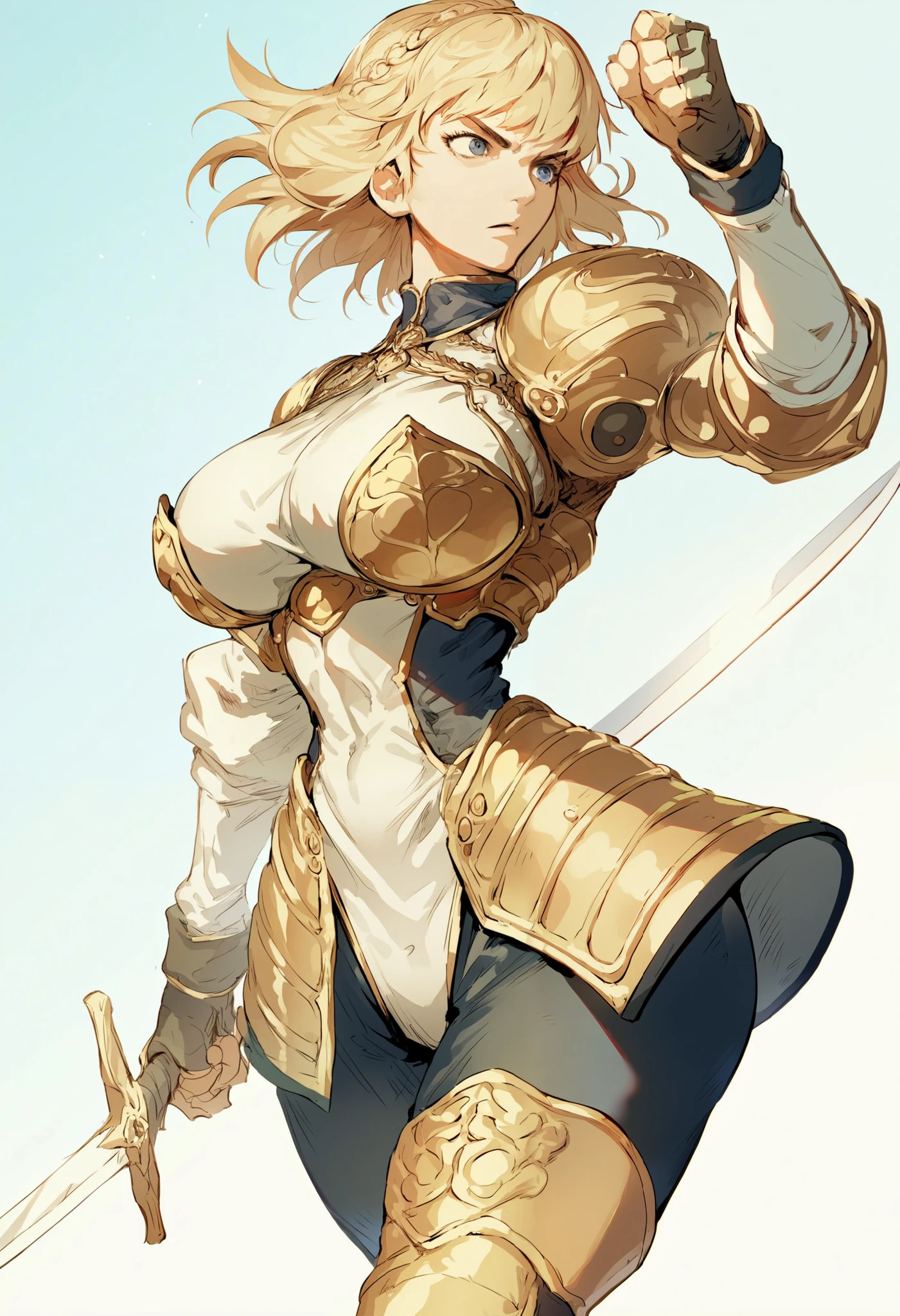 Sluttyoutfit, huge wide hips, big breasts, thin waist, narrow waist, sexy woman, Sword fighting pose, source_anime, anime_source, anime style, kunaboto style, score_9, score_8_up, score_8, Micro armor, claudia levantine, venus body, Two-handed sword, solo
