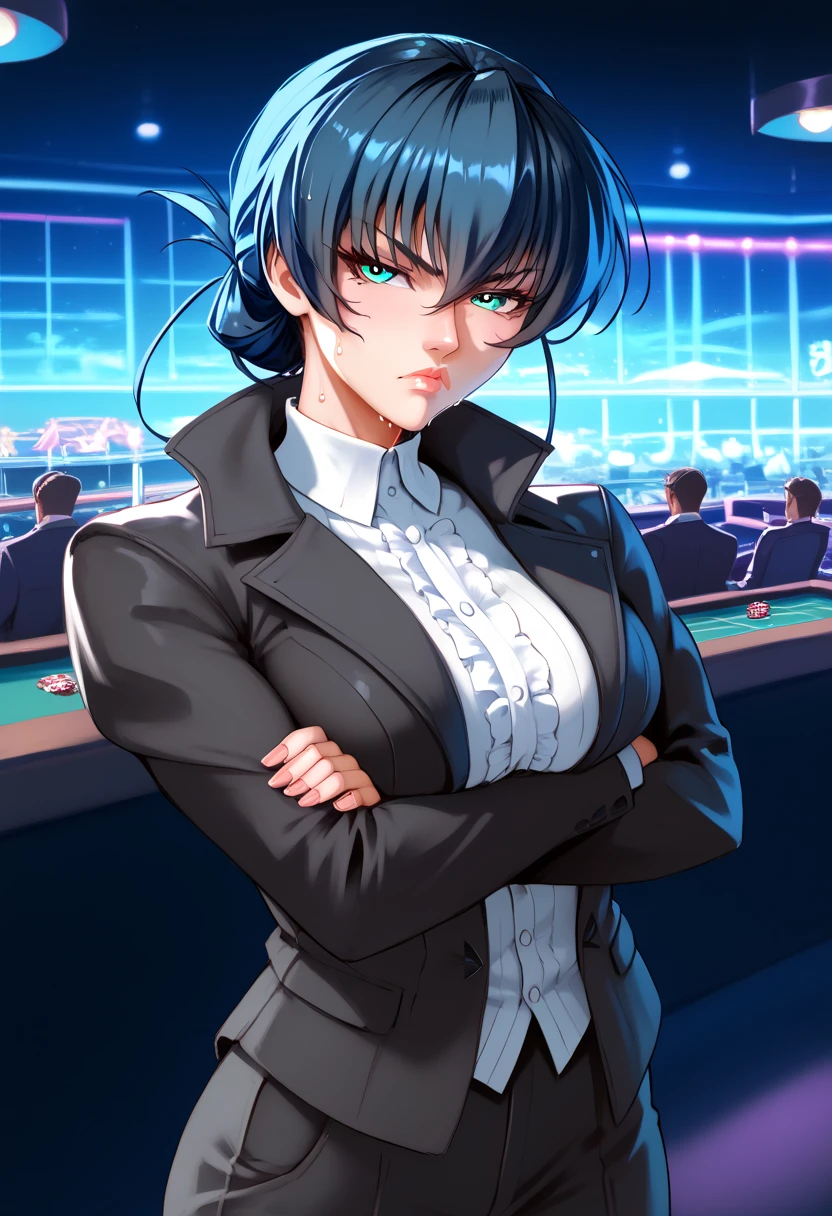 Igawa_Asagi, dark blue hair, long hair,  folded ponytail,hair between eyes, aqua eyes, large breasts,score_9, score_8_up, score_7_up, perfect hands, perfect finger,perfect anatomy, masterpiece, best quality,realistic, hyperrealistic, 16k hdr,1 mature female,(Men's Tuxedo,pants,jacket),indoor,(casino),standing,sweat,(serious:1.3),(full body),cross arms,upper body