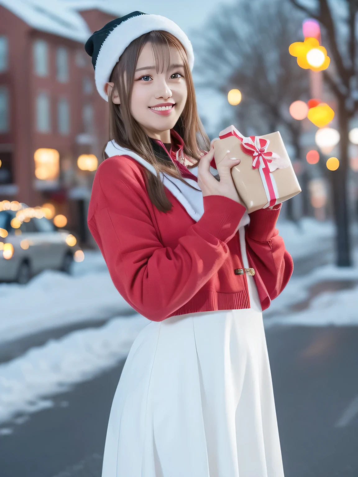 A young woman dressed in a classic Santa Claus outfit stands at a bustling street corner, her red and white coat and matching skirt perfectly tailored to her petite frame. Black boots crunch softly against a thin layer of fresh snow. On her back, she carries a large white sack brimming with presents, the fabric slightly bulging as if barely containing the festive treasures within. The warm glow of Christmas lights strung across storefronts reflects off the snow-covered ground, while the sky transitions from a fiery orange of sunset to a deepening twilight blue. Snowflakes drift lazily through the air, adding a touch of magic to the scene. Her radiant smile and sparkling eyes exude joy, creating a stark yet heartwarming contrast to the serene winter evening, embodying the spirit of the season. ( RAW photos ,  top quality ), ( realistic , photo- realistic :1.4), masterpiece,  extremely delicate and beautiful,  extremely detailed, 2k wallpaper,  wonderful, Detailed description,  extremely detailed CG unity 8k wallpaper,  ultra detail showing the cathedral,  high res, Soft light,  beautiful with great attention to detail,  extremely detailed eyes and face,  beautiful detailed nose,  beautiful detailed eyes, cinematic lighting , Perfect Anatomy, I'm wearing a white avant-garde peplum dress, white skirt, smile.