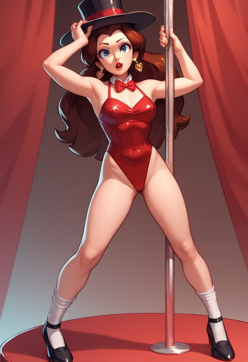 Cute Pauline wearing a sparkling shiny red leotard, black Mary Jane strap tap shoes with small white socks,,performing on stage with red curtains, black mix with brown hair, eyes are centered,, while tap dancing around a stripper pole, black top hat, red bow with a white collar on her neck, as she stands in front of you and strikes a final pose crossing her feet cutely